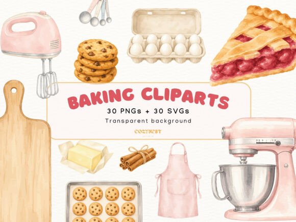 Baking Watercolor Cliparts, Kitchen Tool Graphics